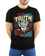 Fiction Reveals Truth Graphic T Shirt Retro Robot Philosophy Style - model wearing black tee with hands behind back