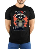 Cool Raccoon Hip Hop Graphic T Shirt Funny Streetwear Style Tee - model wearing black tee with hands behind back