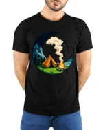 Camping Under The Moon Graphic T Shirt Nature Adventure Style Tee - model wearing black tee with hands behind back