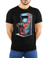 Retro Arcade Machine Graphic T Shirt Vintage Gamer Classic Style Tee - model wearing black tee with hands behind back