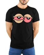 Tired Eyes Funny Cartoon T Shirt Lazy Mood Graphic Tee Style - model wearing black tee with hands behind back