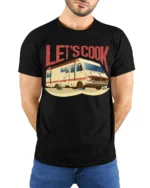 Lets Cook RV Camper Graphic T Shirt Funny Vintage Road Trip Style - model wearing black tee with hands behind back