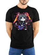 Rock Star Kitten Guitar Graphic T Shirt Cute Music Cat Style - model wearing black tee with hands behind back