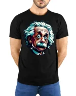 Funny Genius Scientist Cartoon T Shirt Wild Hair Smart Style - model wearing black tee with hands behind back