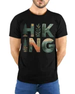 Hiking Nature Landscape Graphic T Shirt Mountain Forest Adventure Style - model wearing black tee with hands behind back