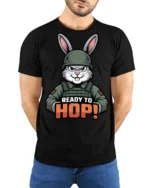 Ready To Hop Funny Military Bunny Graphic T Shirt Cute Soldier Style - model wearing black tee with hands behind back