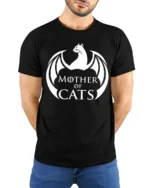 Mother Of Cats Dragon Style Graphic T Shirt Funny Cat Lover Tee - model wearing black tee with hands behind back