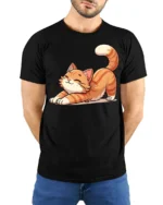 Cute Stretching Cat Graphic T Shirt Funny Relaxed Kitty Style Tee - model wearing black tee with hands behind back