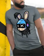 Cyber Bunny Headphones Graphic T Shirt Cute Street Art Style - model wearing grey tee, leaning on column