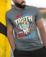 Fiction Reveals Truth Graphic T Shirt Retro Robot Philosophy Style - model wearing grey tee, leaning on column