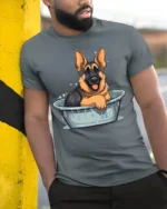 Product - model wearing grey tee, leaning on column