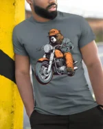 Biker Bear Motorcycle Graphic T Shirt Funny Animal Rider Style - model wearing grey tee, leaning on column