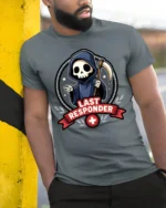 Last Responder Grim Reaper Funny EMT Paramedic Graphic T Shirt Style - model wearing grey tee, leaning on column