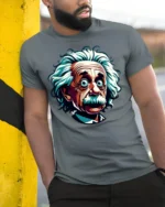 Funny Genius Scientist Cartoon T Shirt Wild Hair Smart Style - model wearing grey tee, leaning on column