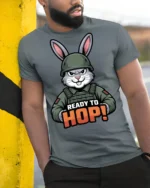 Ready To Hop Funny Military Bunny Graphic T Shirt Cute Soldier Style - model wearing grey tee, leaning on column
