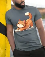 Cute Stretching Cat Graphic T Shirt Funny Relaxed Kitty Style Tee - model wearing grey tee, leaning on column