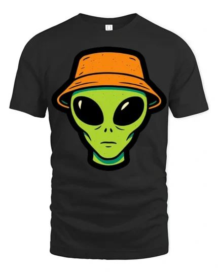 Cool Alien Bucket Hat Graphic T Shirt Funny UFO Street Style Tee - black t-shirt on white background