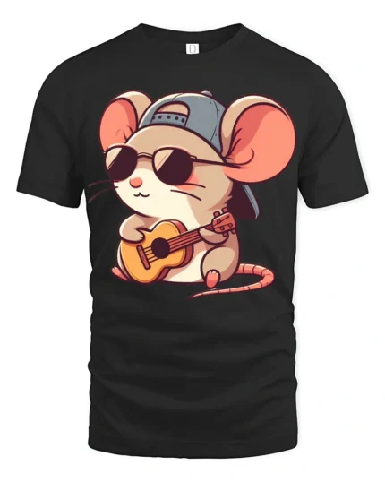 Cool Mouse Playing Guitar With Sunglasses Funny Kawaii Cartoon T Shirt - black t-shirt on white background