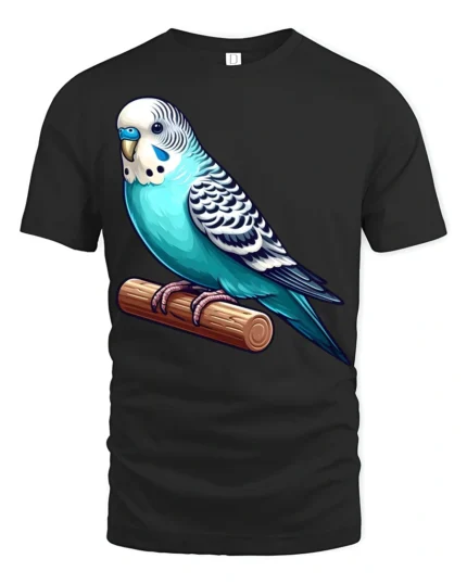 Cute Blue Parakeet Bird Perched Graphic T Shirt Pet Lover Animal Tee - black t-shirt on white background