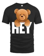Cute Teddy Bear Hey Graphic T Shirt Funny Cartoon Animal Tee - black t-shirt on white background
