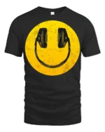 Smiley Face Headphones Graphic T Shirt Retro Music Vibe Tee - black t-shirt on white background