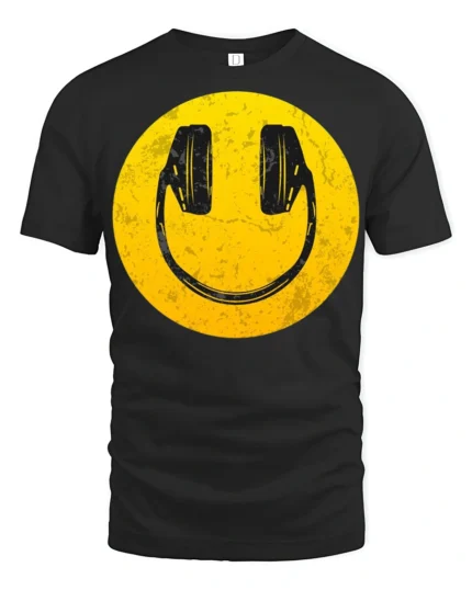 Smiley Face Headphones Graphic T Shirt Retro Music Vibe Tee - black t-shirt on white background
