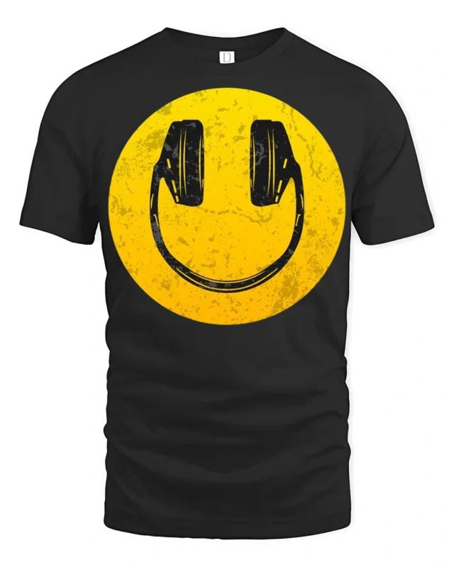 Smiley Face Headphones Graphic T Shirt Retro Music Vibe Tee - black t-shirt on white background
