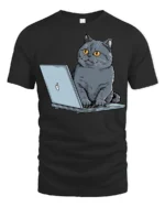 Funny Cat Working On Laptop Graphic T Shirt Cute Tech Kitty Tee - black t-shirt on white background