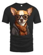 Hipster Chihuahua Dog With Glasses Scarf Graphic T Shirt Cute Pet Tee - black t-shirt on white background