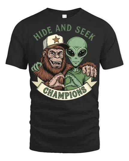 Hide And Seek Champions Funny Alien Bigfoot Graphic T Shirt Style - black t-shirt on white background