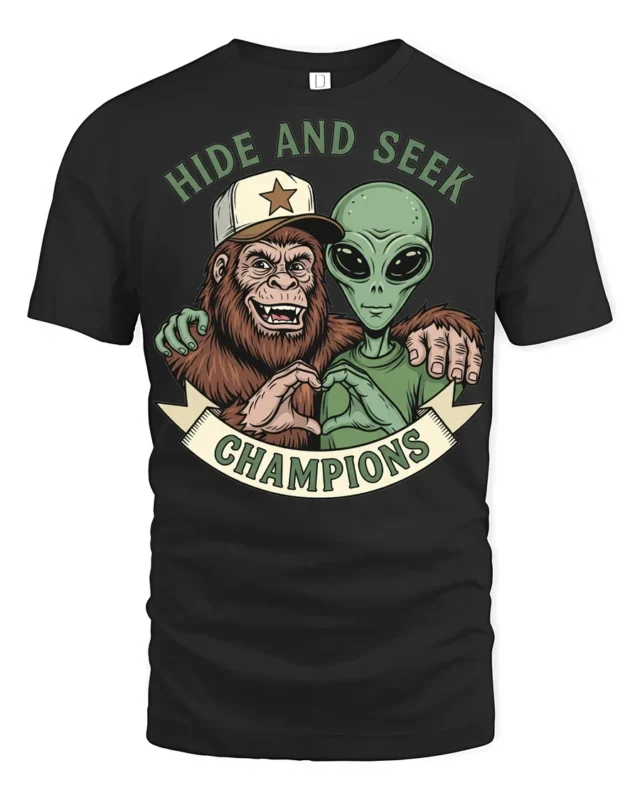 Hide And Seek Champions Funny Alien Bigfoot Graphic T Shirt Style - black t-shirt on white background