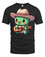 Cute Turtle Cowboy Playing Guitar Funny Cartoon T Shirt Kawaii Style Tee - black t-shirt on white background