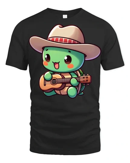 Cute Turtle Cowboy Playing Guitar Funny Cartoon T Shirt Kawaii Style Tee - black t-shirt on white background