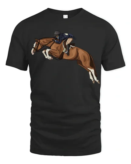 Horse Jumping Rider Equestrian Sport Graphic T Shirt Dynamic Show Tee - black t-shirt on white background