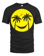 Relaxing Beach Smile Palm Trees Hammock Graphic T Shirt Summer Vibes Tee - black t-shirt on white background
