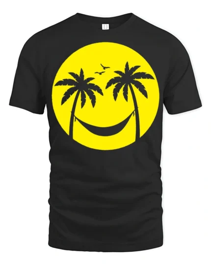 Relaxing Beach Smile Palm Trees Hammock Graphic T Shirt Summer Vibes Tee - black t-shirt on white background