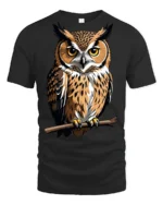 Majestic Owl Perched On Branch Graphic T Shirt Wildlife Nature Tee - black t-shirt on white background