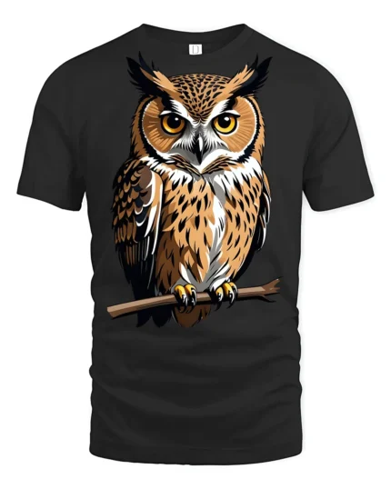 Majestic Owl Perched On Branch Graphic T Shirt Wildlife Nature Tee - black t-shirt on white background