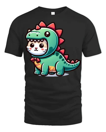 Cute Cat In Dinosaur Costume Funny Kawaii Cartoon T Shirt Adorable Tee - black t-shirt on white background