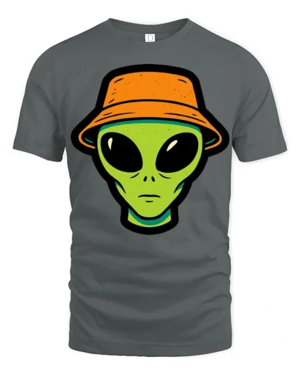 Cool Alien Bucket Hat Graphic T Shirt Funny UFO Street Style Tee - gray t-shirt on white background