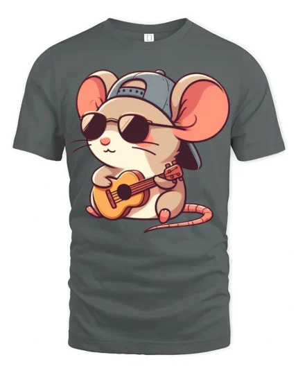 Cool Mouse Playing Guitar With Sunglasses Funny Kawaii Cartoon T Shirt - gray t-shirt on white background