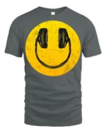 Smiley Face Headphones Graphic T Shirt Retro Music Vibe Tee - gray t-shirt on white background