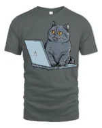 Funny Cat Working On Laptop Graphic T Shirt Cute Tech Kitty Tee - gray t-shirt on white background