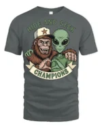 Hide And Seek Champions Funny Alien Bigfoot Graphic T Shirt Style - gray t-shirt on white background