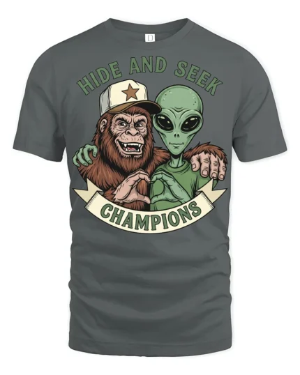 Hide And Seek Champions Funny Alien Bigfoot Graphic T Shirt Style - gray t-shirt on white background