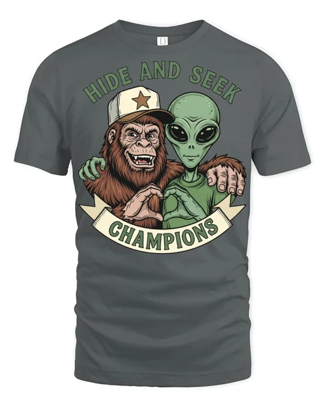Hide And Seek Champions Funny Alien Bigfoot Graphic T Shirt Style - gray t-shirt on white background