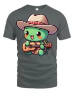 Cute Turtle Cowboy Playing Guitar Funny Cartoon T Shirt Kawaii Style Tee - gray t-shirt on white background