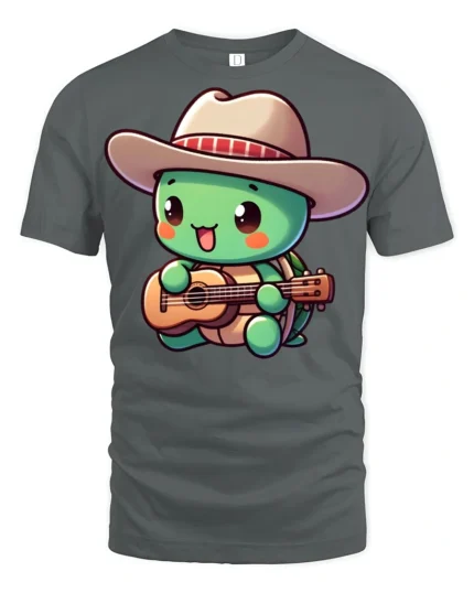 Cute Turtle Cowboy Playing Guitar Funny Cartoon T Shirt Kawaii Style Tee - gray t-shirt on white background
