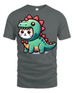 Cute Cat In Dinosaur Costume Funny Kawaii Cartoon T Shirt Adorable Tee - gray t-shirt on white background