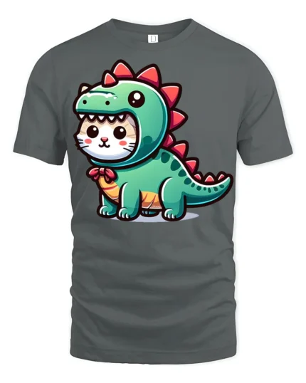 Cute Cat In Dinosaur Costume Funny Kawaii Cartoon T Shirt Adorable Tee - gray t-shirt on white background
